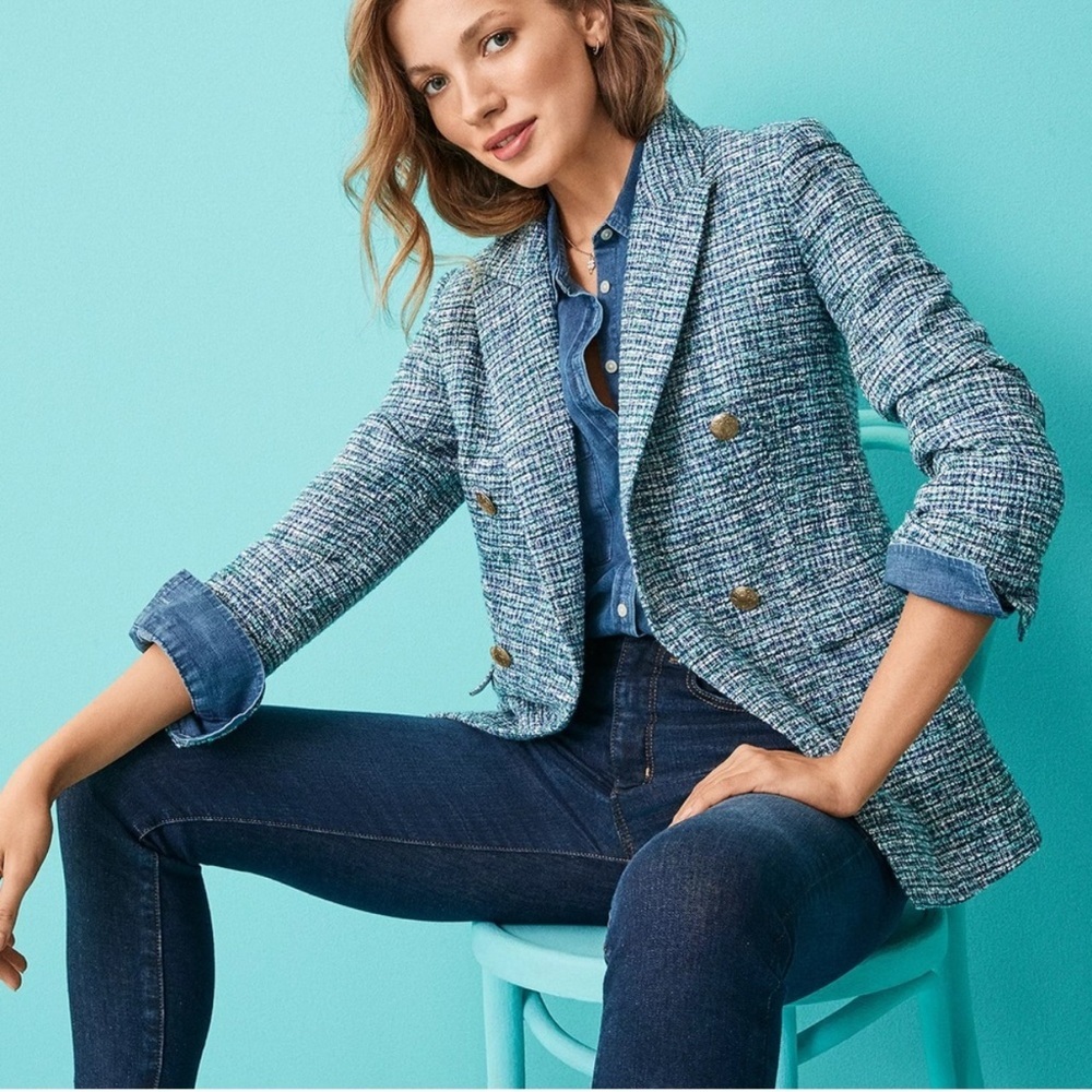 LOFT Women’s Tweed Double Breasted lined Blazer blue teal women’s Size 10